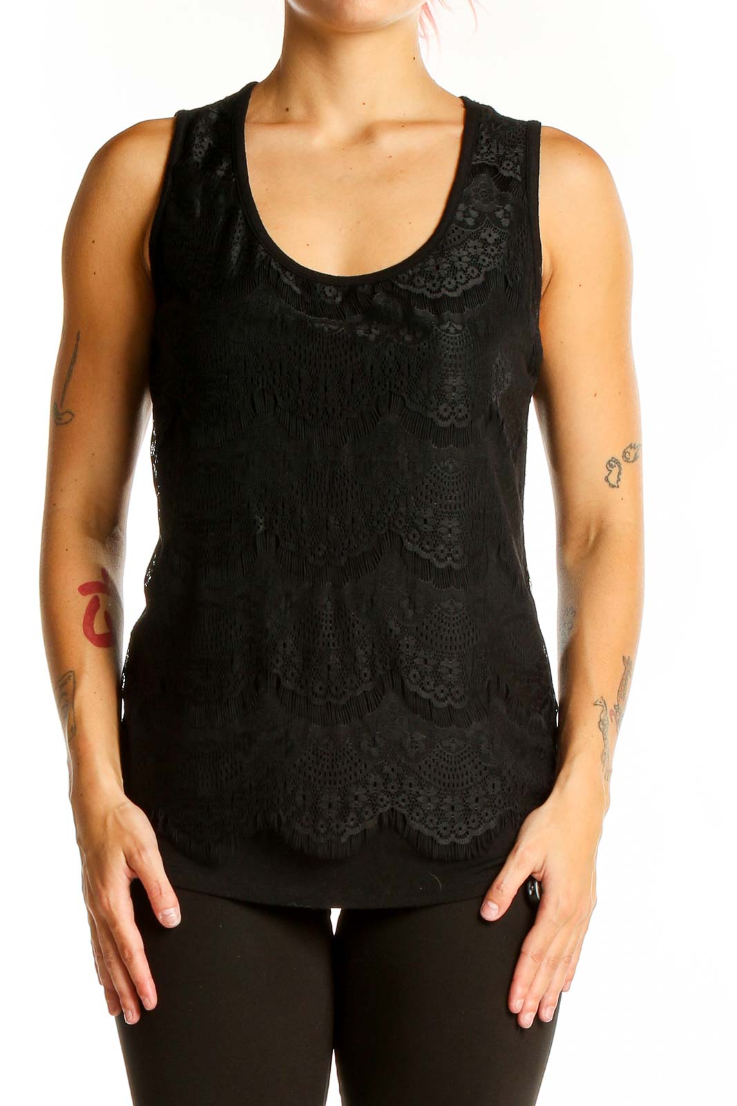 Front view of Ellen Tracy black lace overlay sleeveless top