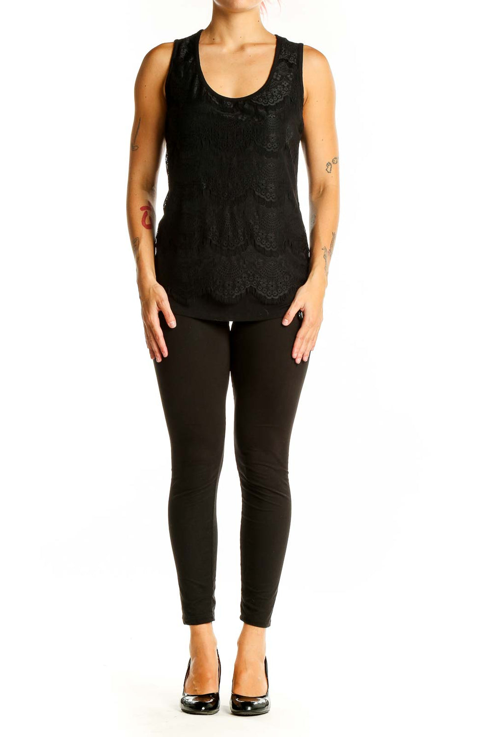 Front view of Ellen Tracy black lace overlay sleeveless top