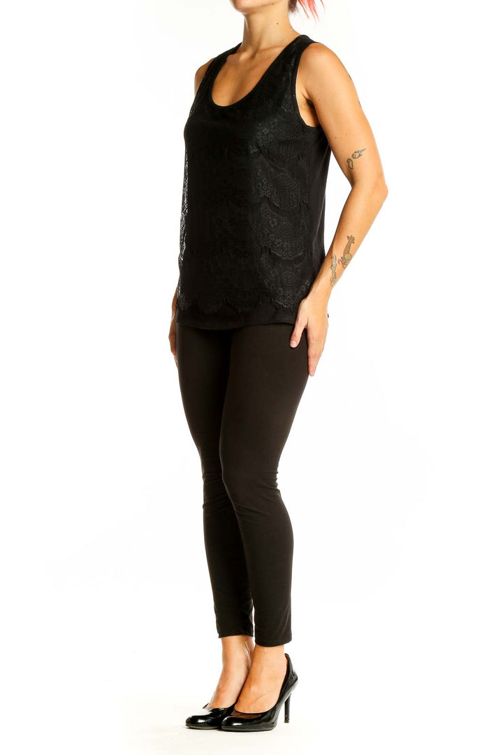 Front view of Ellen Tracy black lace overlay sleeveless top