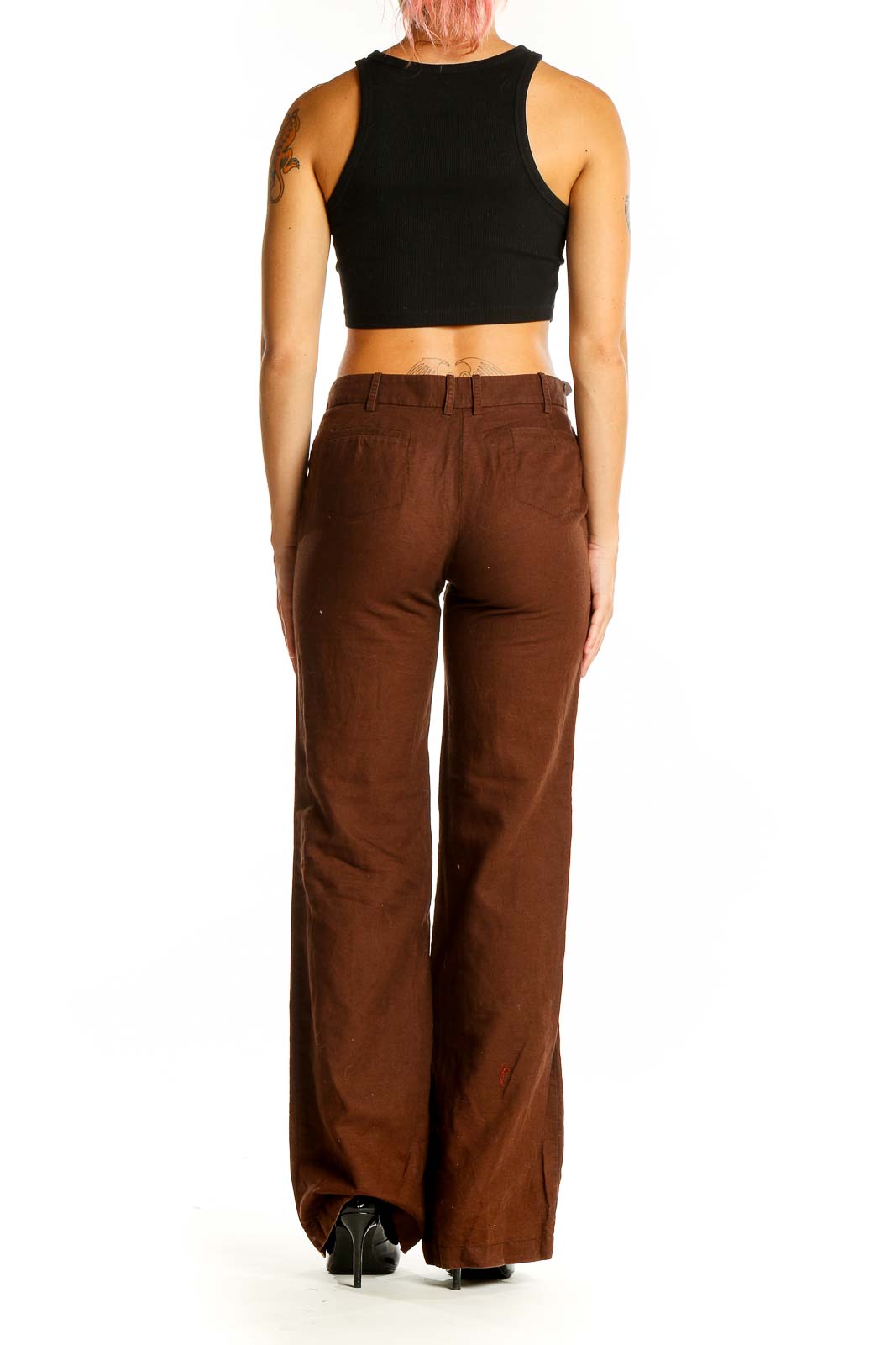 Back view of BCBG MaxAzria brown wide-leg trousers on model