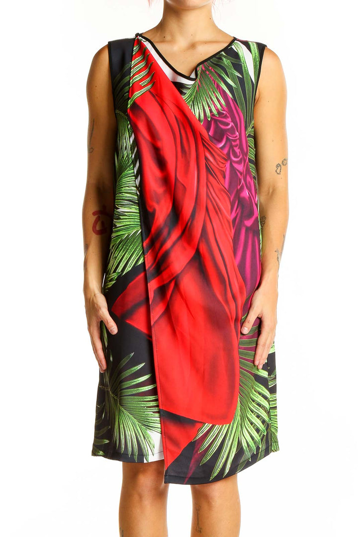 Front view of Clover Canyon Red Tropical Print Sleeveless Shift Dress with palm leaf pattern