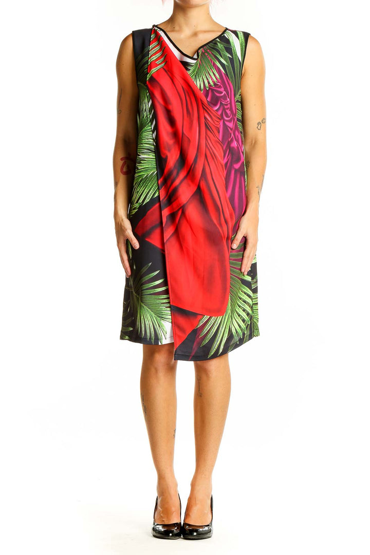 Front view of Clover Canyon Red Tropical Print Sleeveless Shift Dress with palm leaf pattern