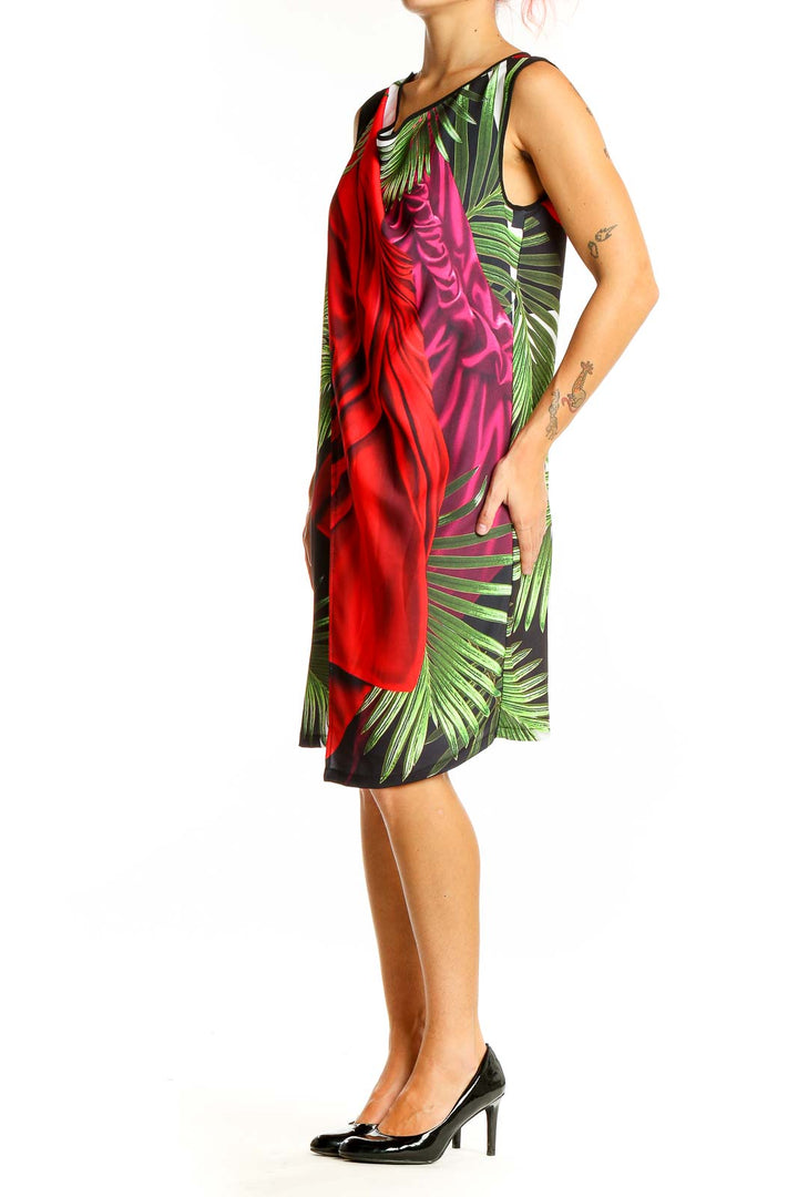 Front view of Clover Canyon Red Tropical Print Sleeveless Shift Dress with palm leaf pattern