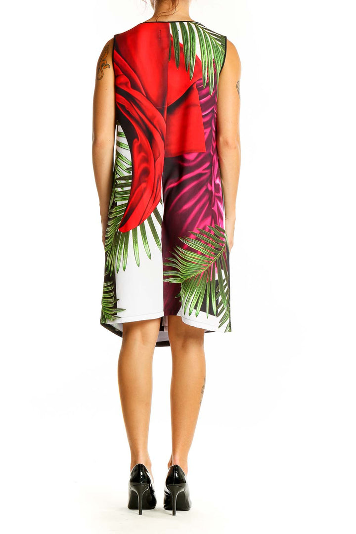 Back view of Clover Canyon Red Tropical Print Sleeveless Shift Dress showing full pattern