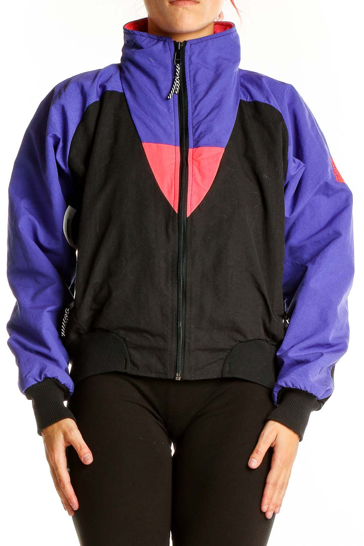 Front view of Cannondale purple and black color block activewear jacket with coral accent