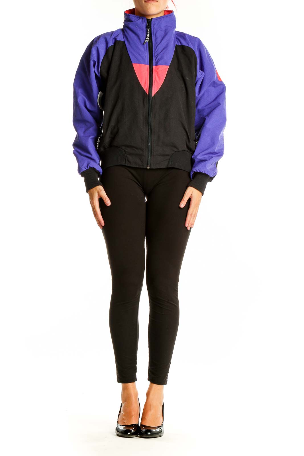 Front view of Cannondale purple and black color block activewear jacket with coral accent