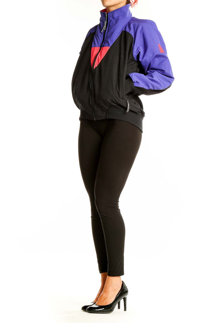 Front view of Cannondale purple and black color block activewear jacket with coral accent