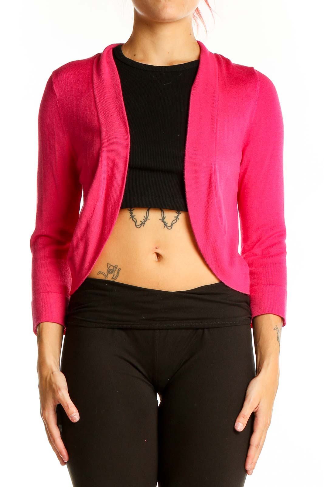 Front view of hot pink cropped cardigan sweater with open front design