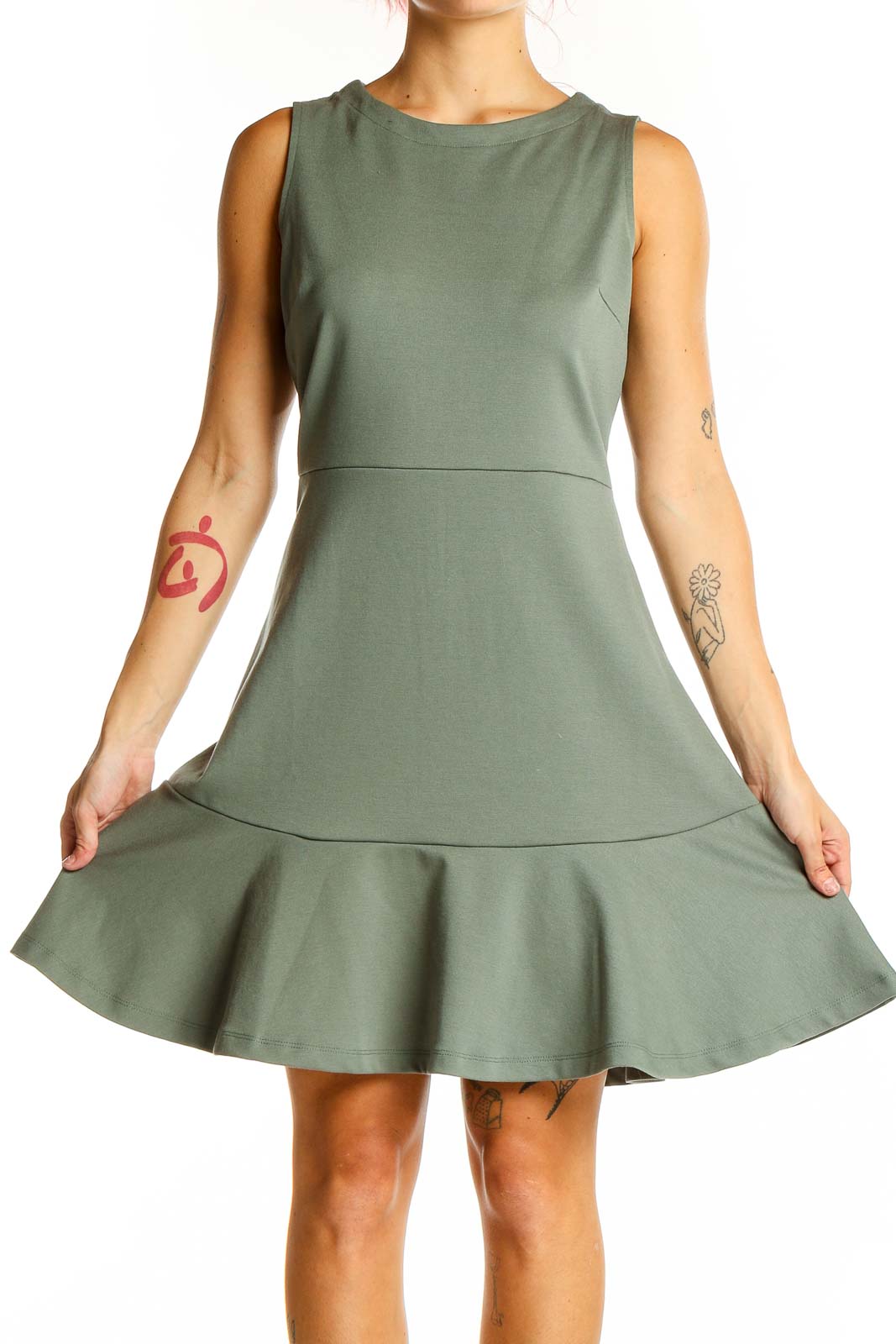 Front view of Gap sage green sleeveless fit-and-flare dress