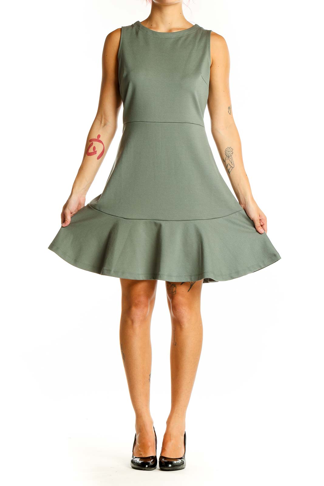 Front view of Gap sage green sleeveless fit-and-flare dress