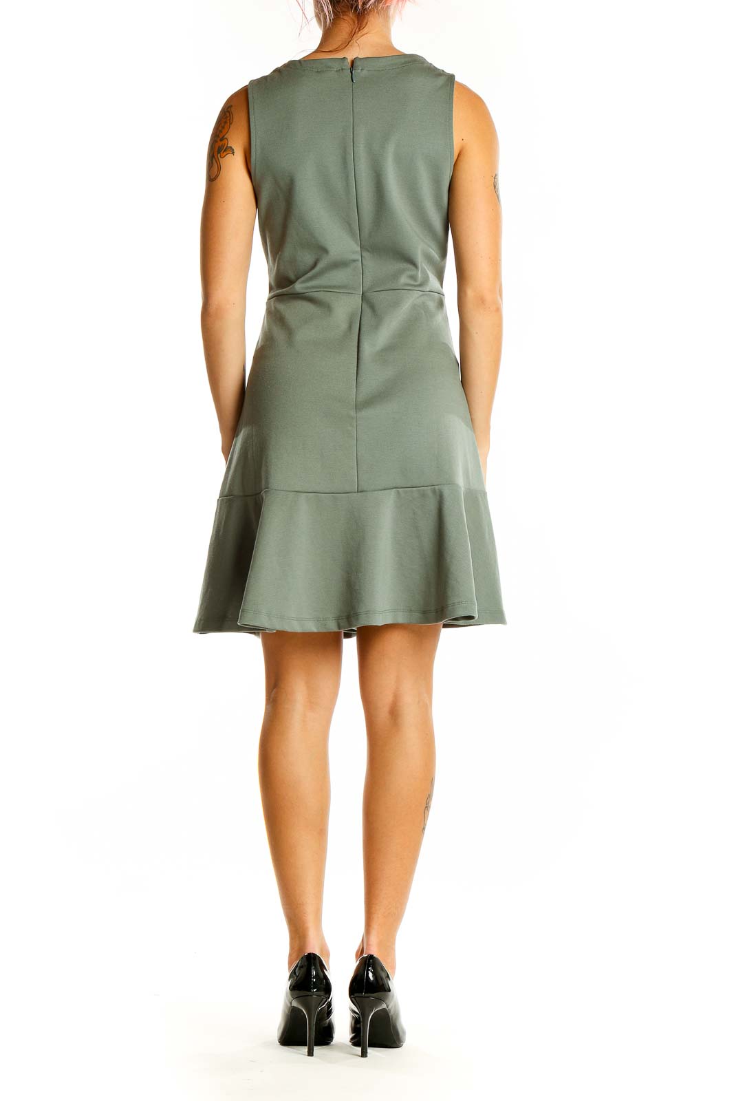 Back view of Gap sage green sleeveless fit-and-flare dress