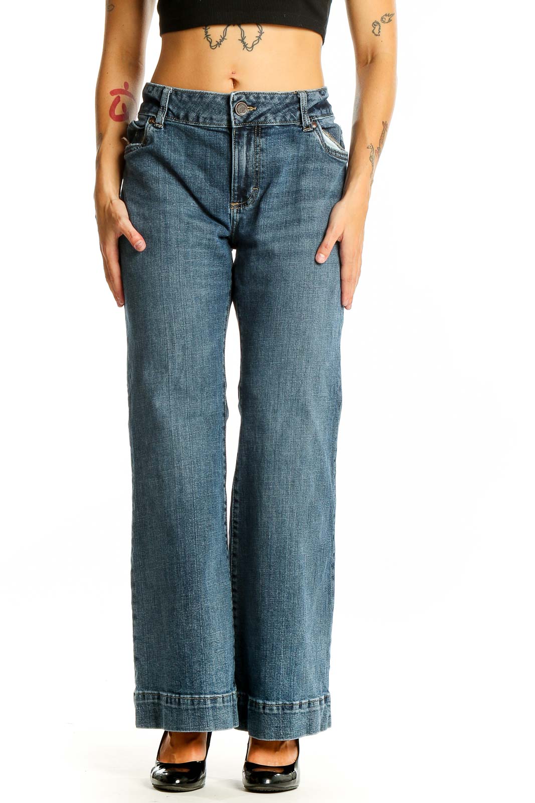 Front view of Wrangler blue wide-leg jeans with high-rise waist