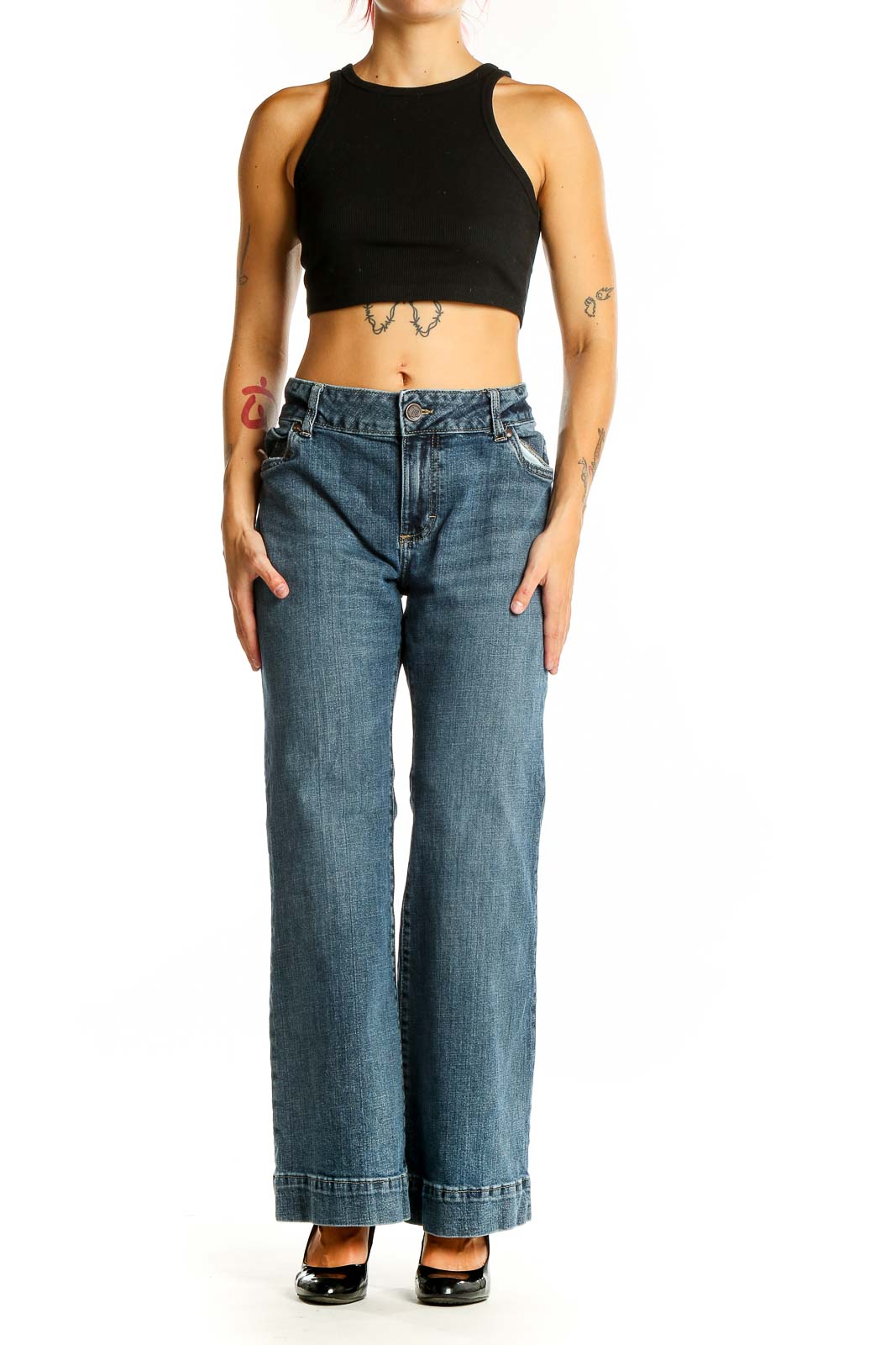 Front view of Wrangler blue wide-leg jeans with high-rise waist