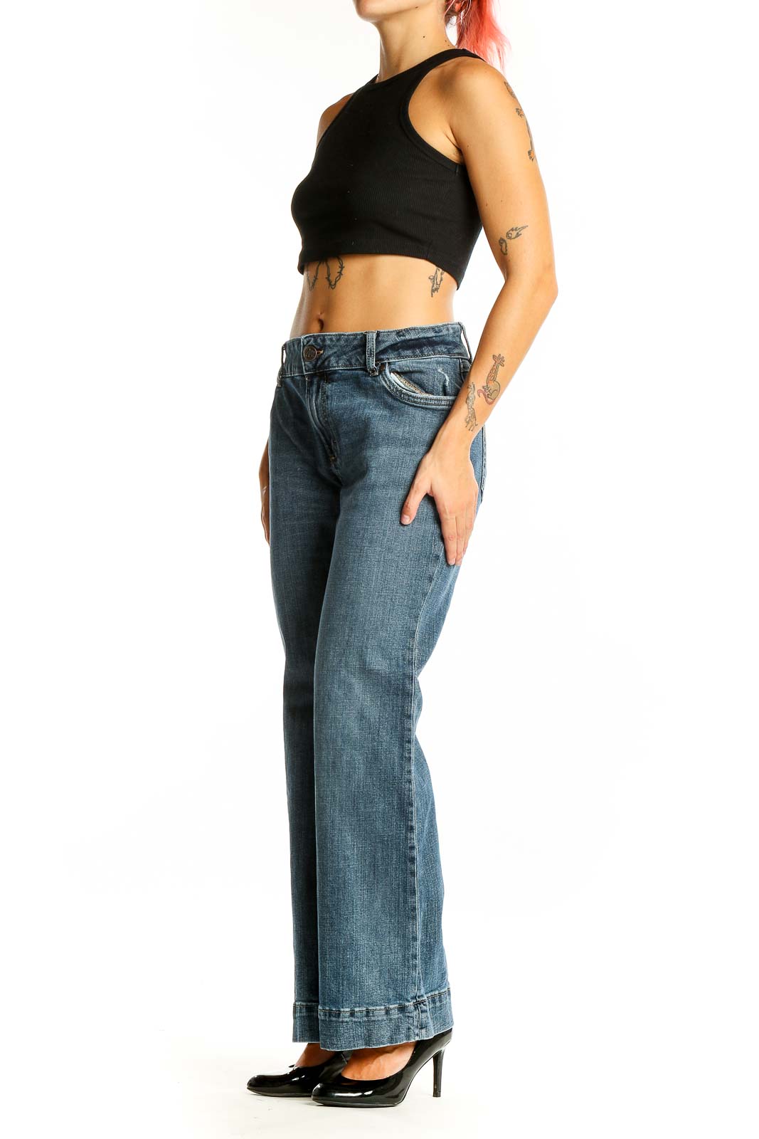 Front view of Wrangler blue wide-leg jeans with high-rise waist