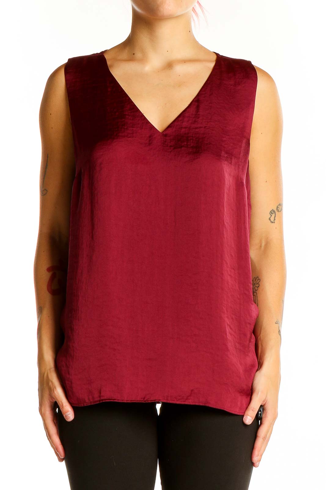 Front view of burgundy Nine West sleeveless V-neck top