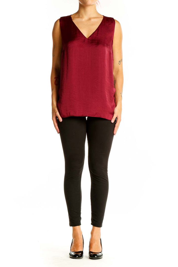 Front view of burgundy Nine West sleeveless V-neck top