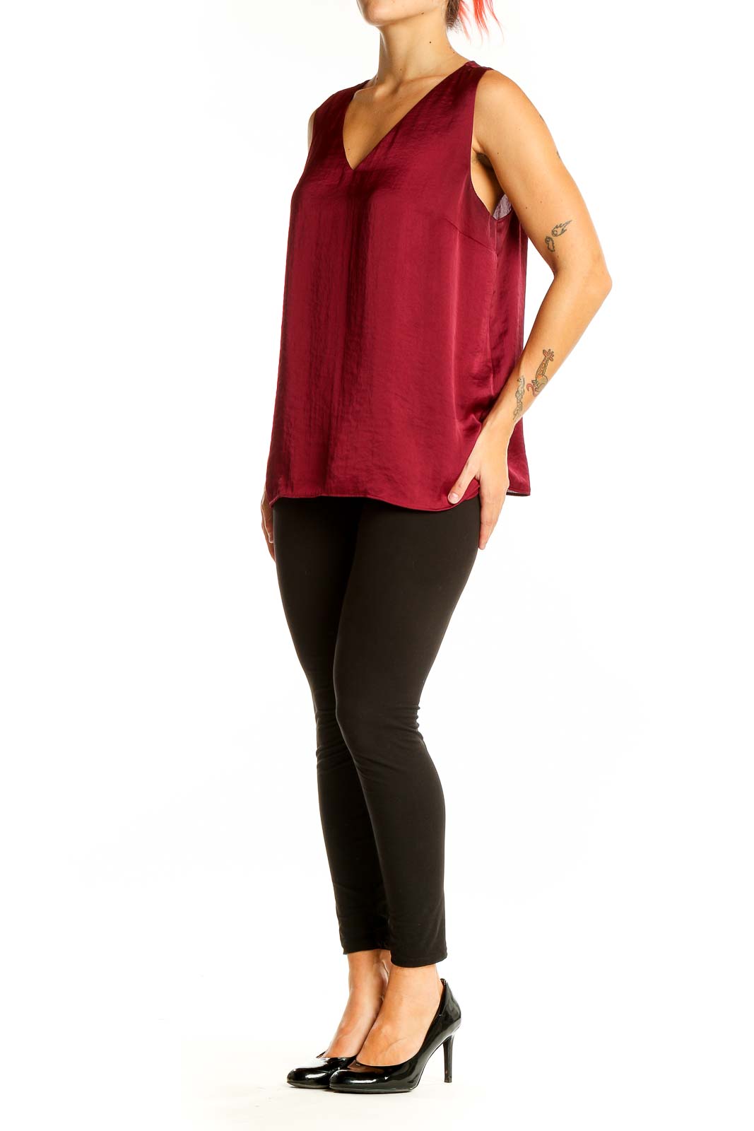 Front view of burgundy Nine West sleeveless V-neck top