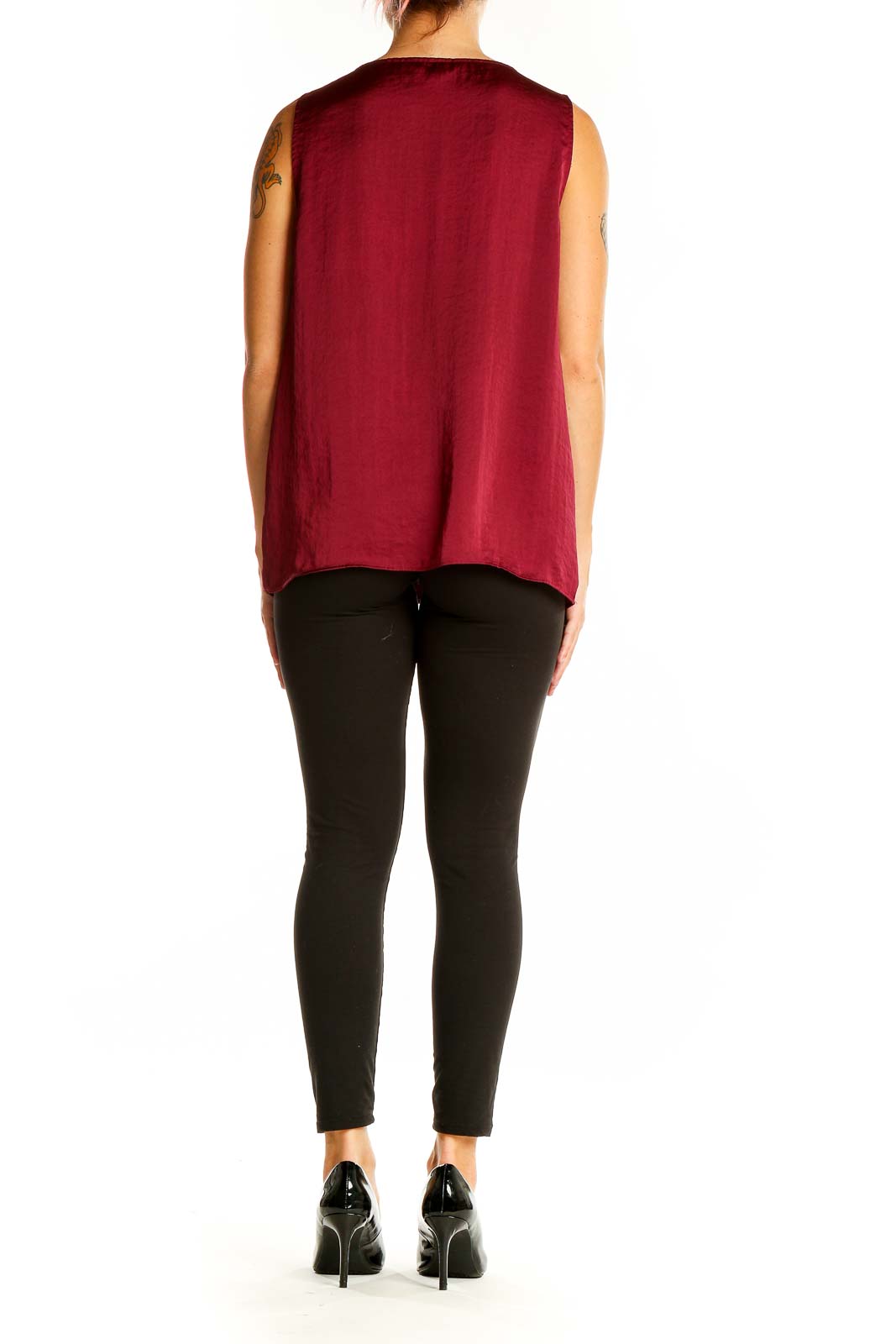 Back view of burgundy Nine West sleeveless top on model