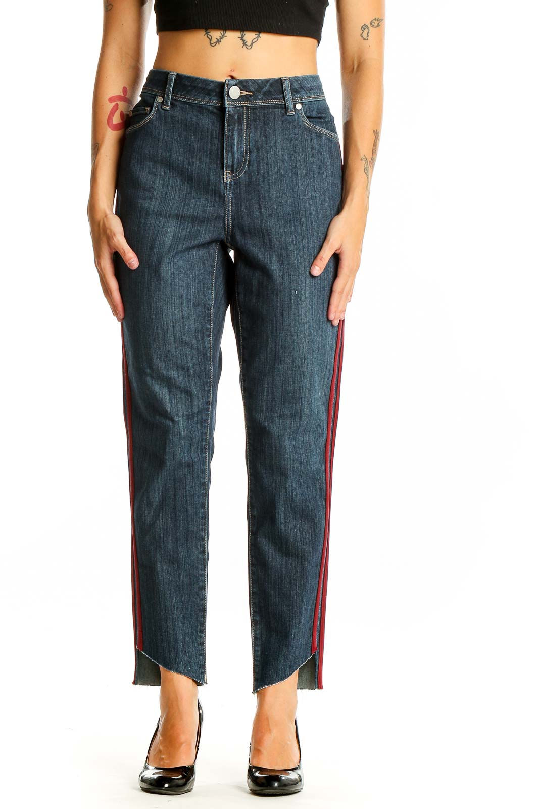 Front view of Simply Vera Vera Wang dark blue jeans with red side stripes