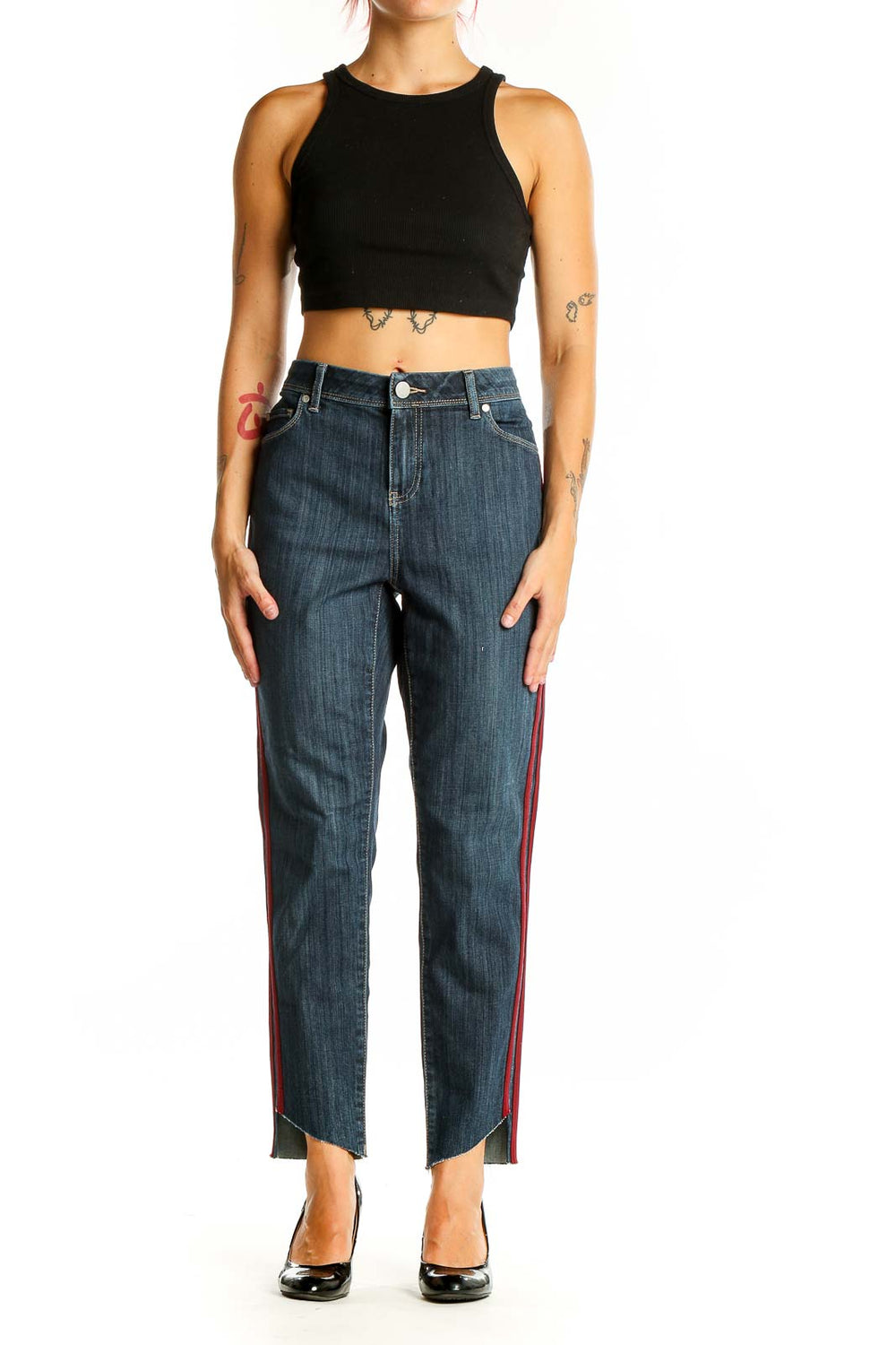 Front view of Simply Vera Vera Wang dark blue jeans with red side stripes