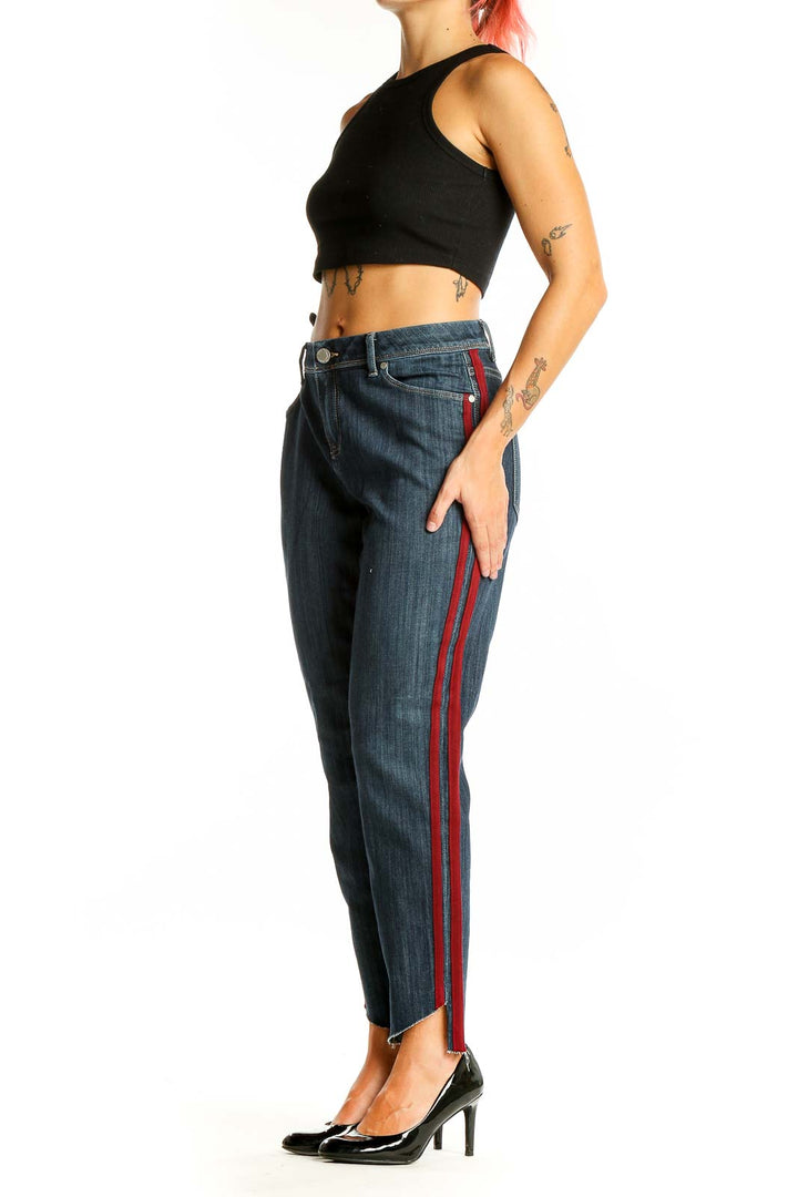 Front view of Simply Vera Vera Wang dark blue jeans with red side stripes