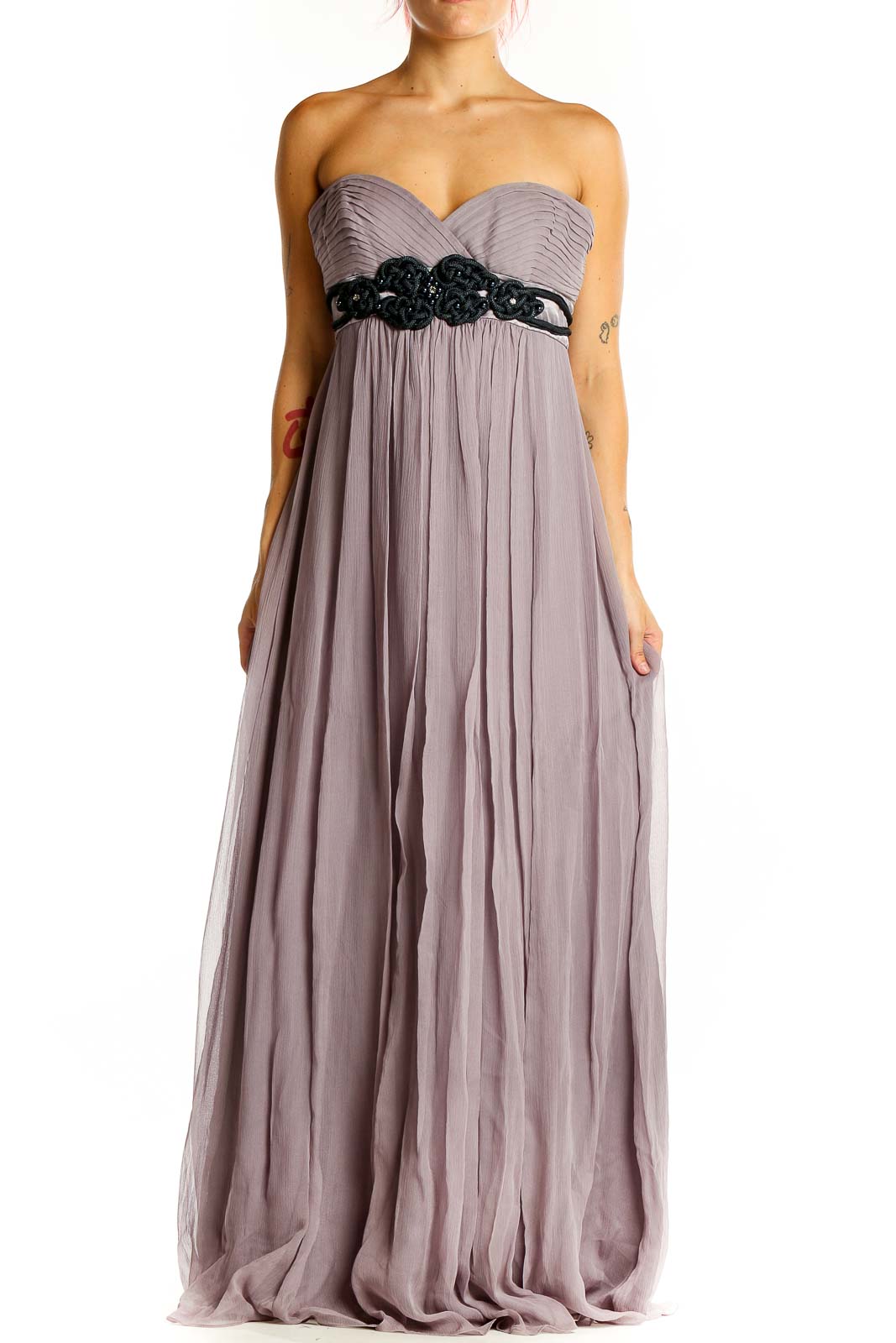 Front view of lavender strapless BCBG MaxAzria gown with black beaded waistline