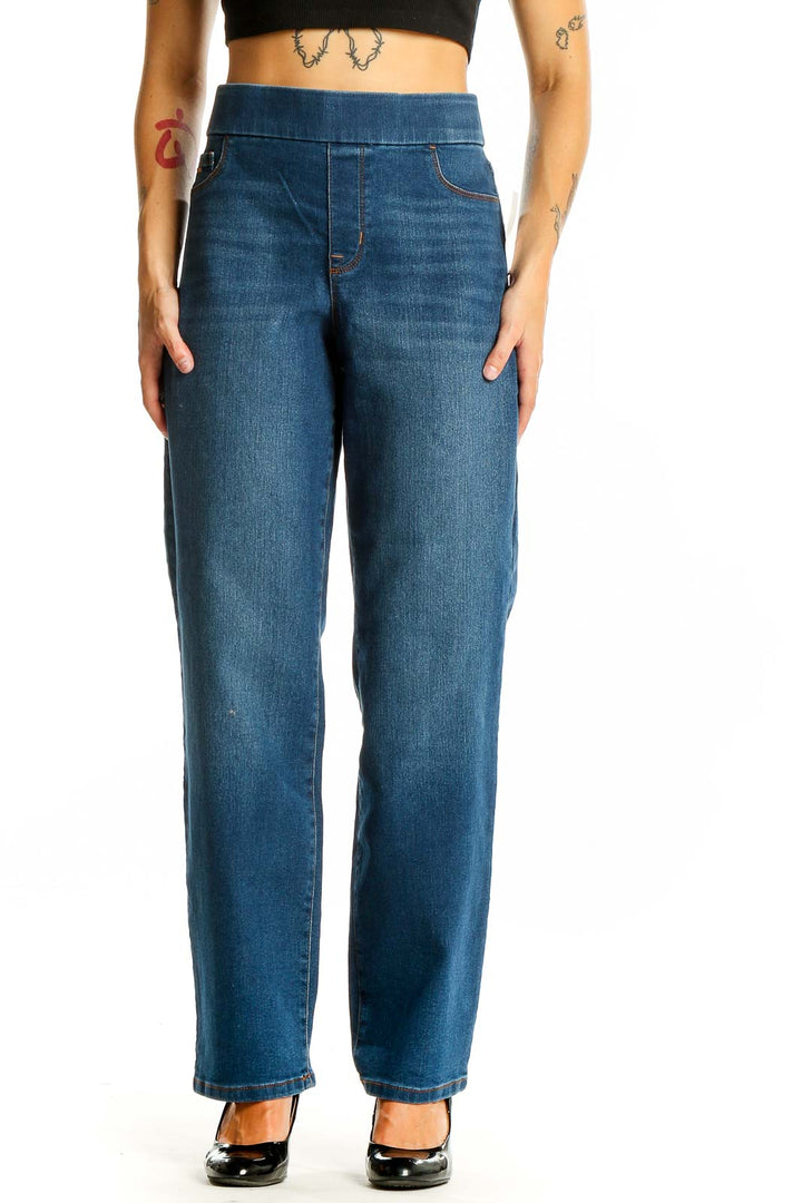 Front view of Nine West blue classic straight leg jeans on model