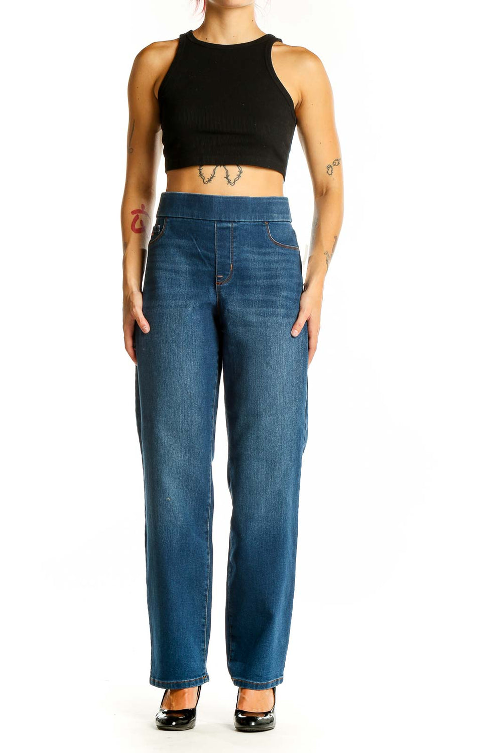 Front view of Nine West blue classic straight leg jeans on model