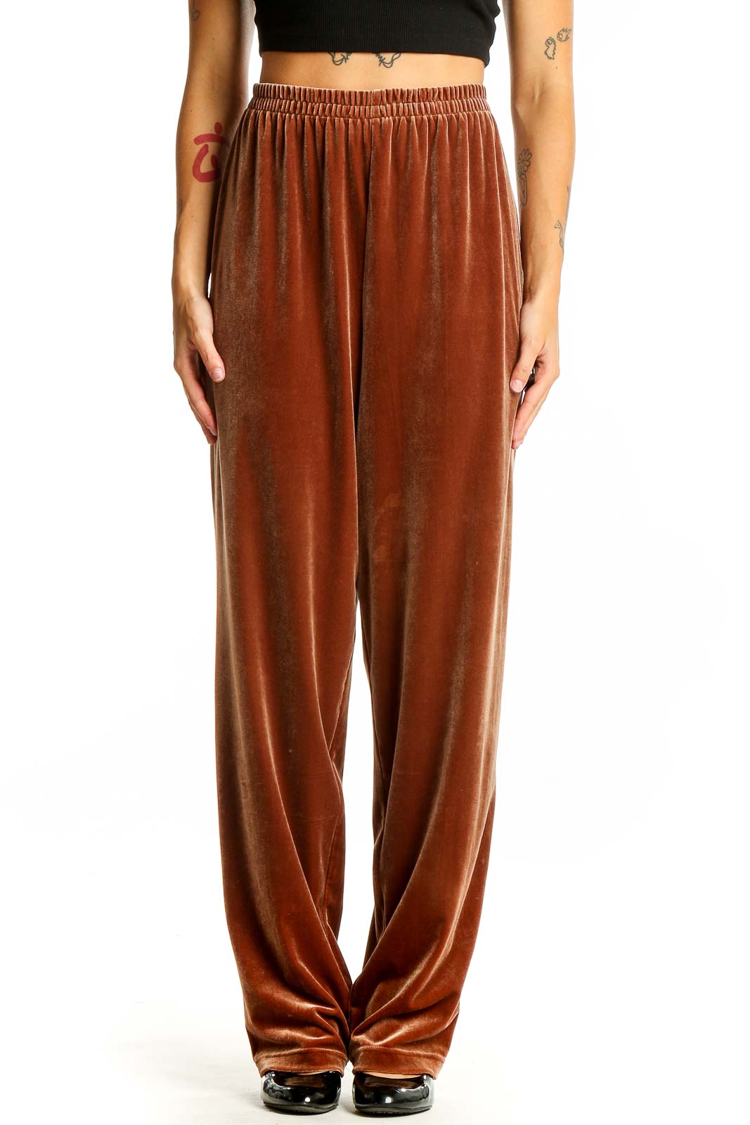 Front view of Maggie Sweet rust velvet wide-leg lounge pants on model