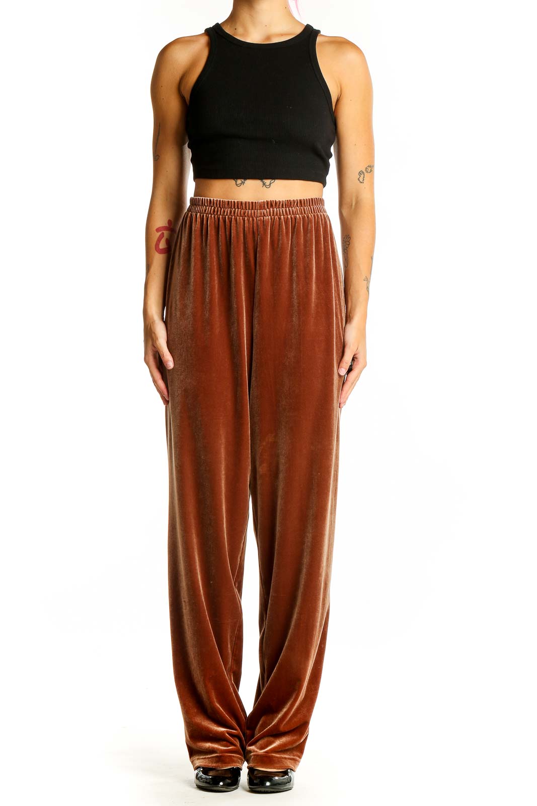 Front view of Maggie Sweet rust velvet wide-leg lounge pants on model