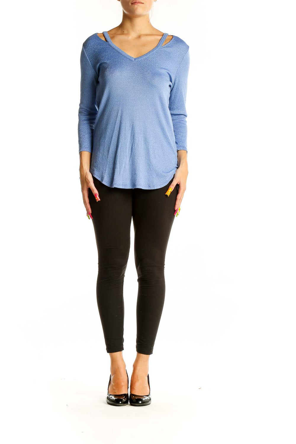 Front view of Michael Stars blue knit top with V-neck cut-out detail