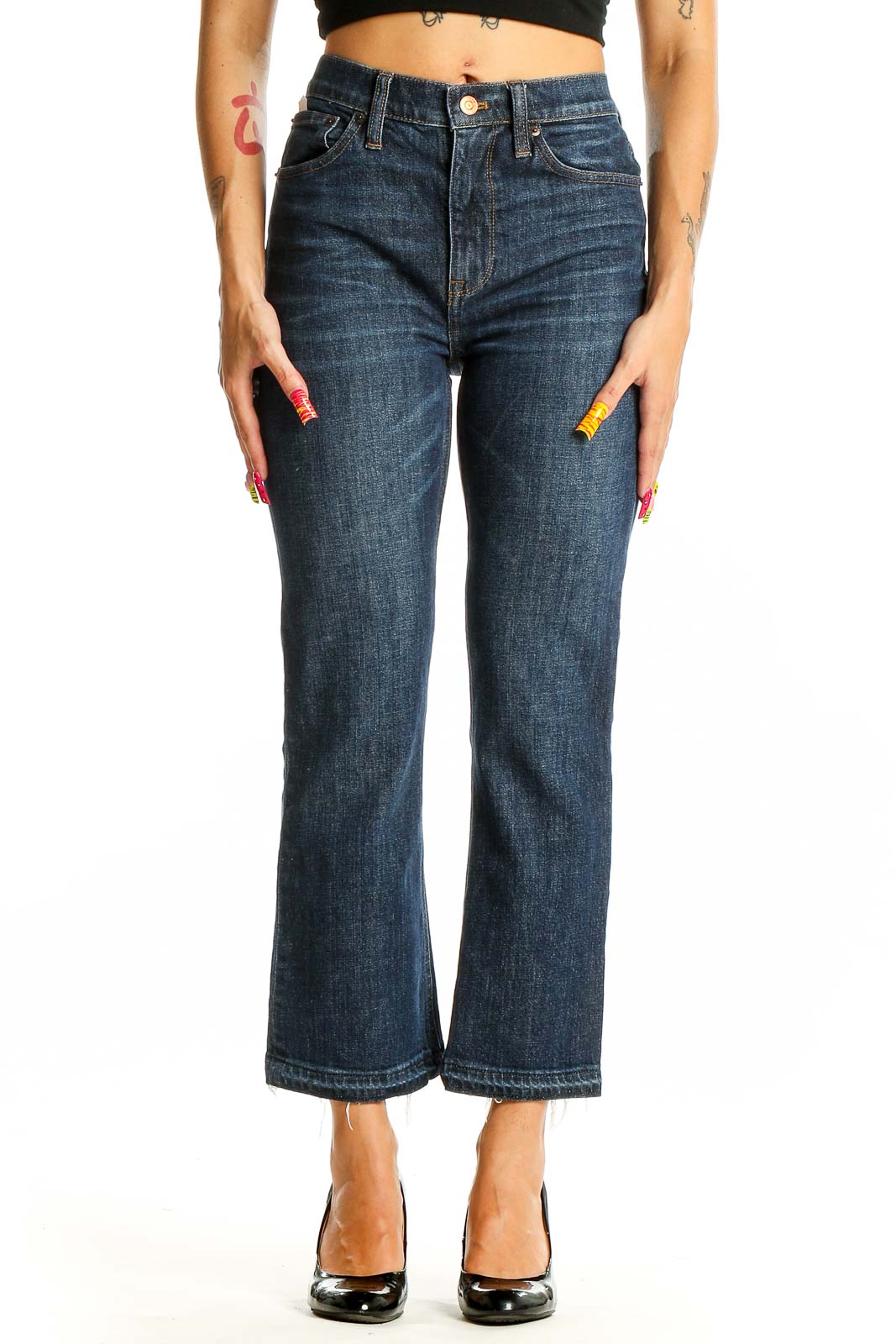 Front view of J.Crew dark blue cropped flare jeans on model