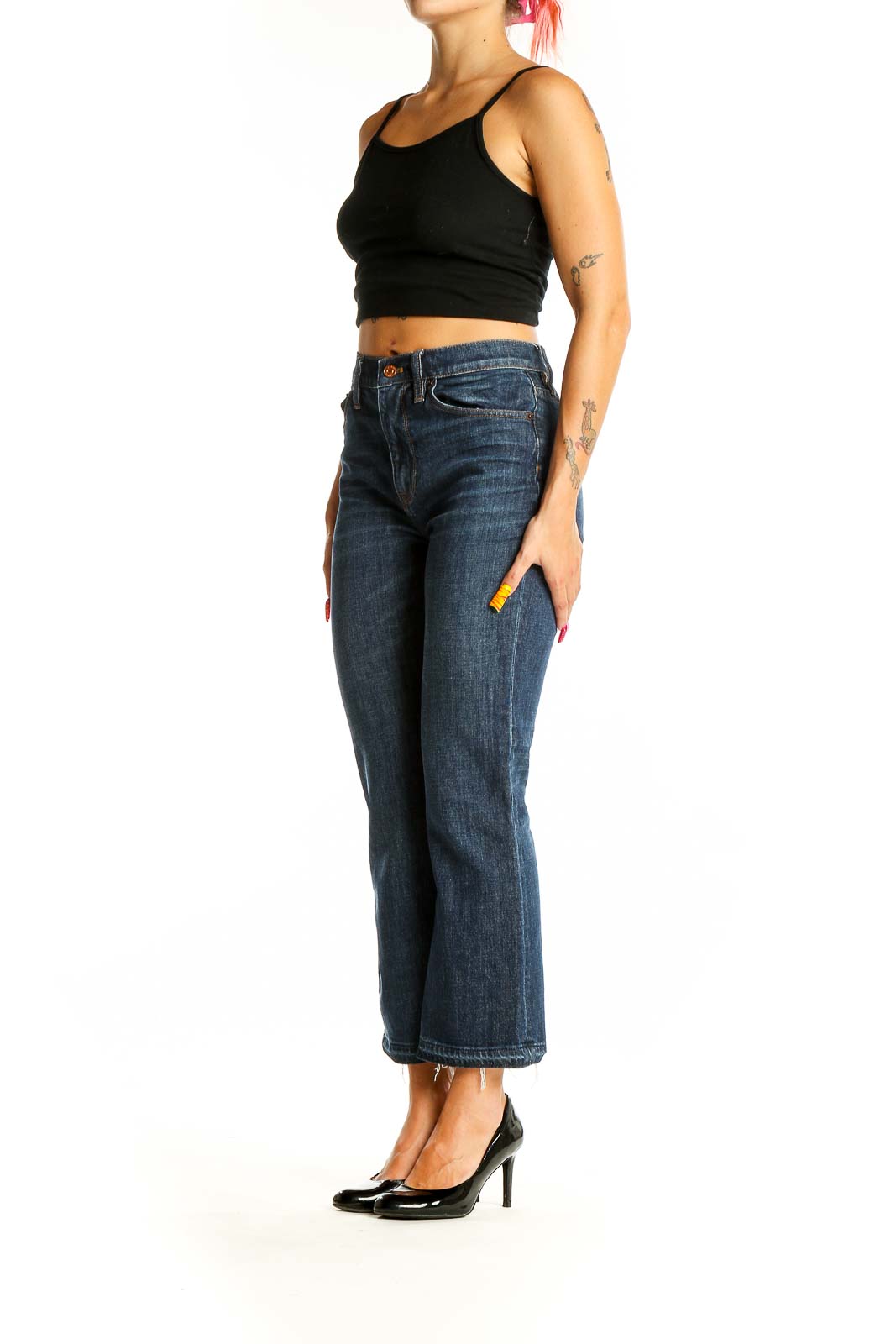 Front view of J.Crew dark blue cropped flare jeans on model