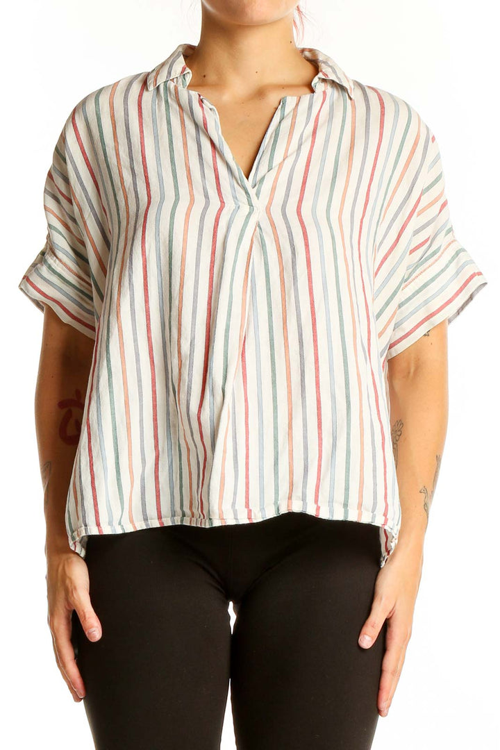 Front view of Madewell multicolor striped short-sleeve button-down shirt