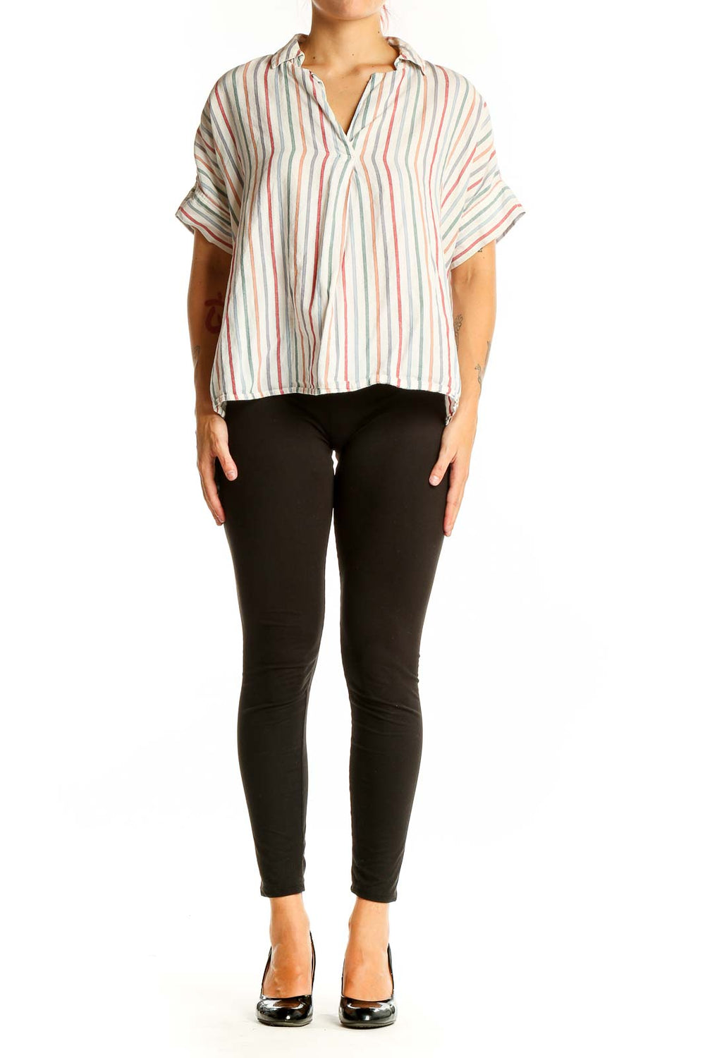 Front view of Madewell multicolor striped short-sleeve button-down shirt