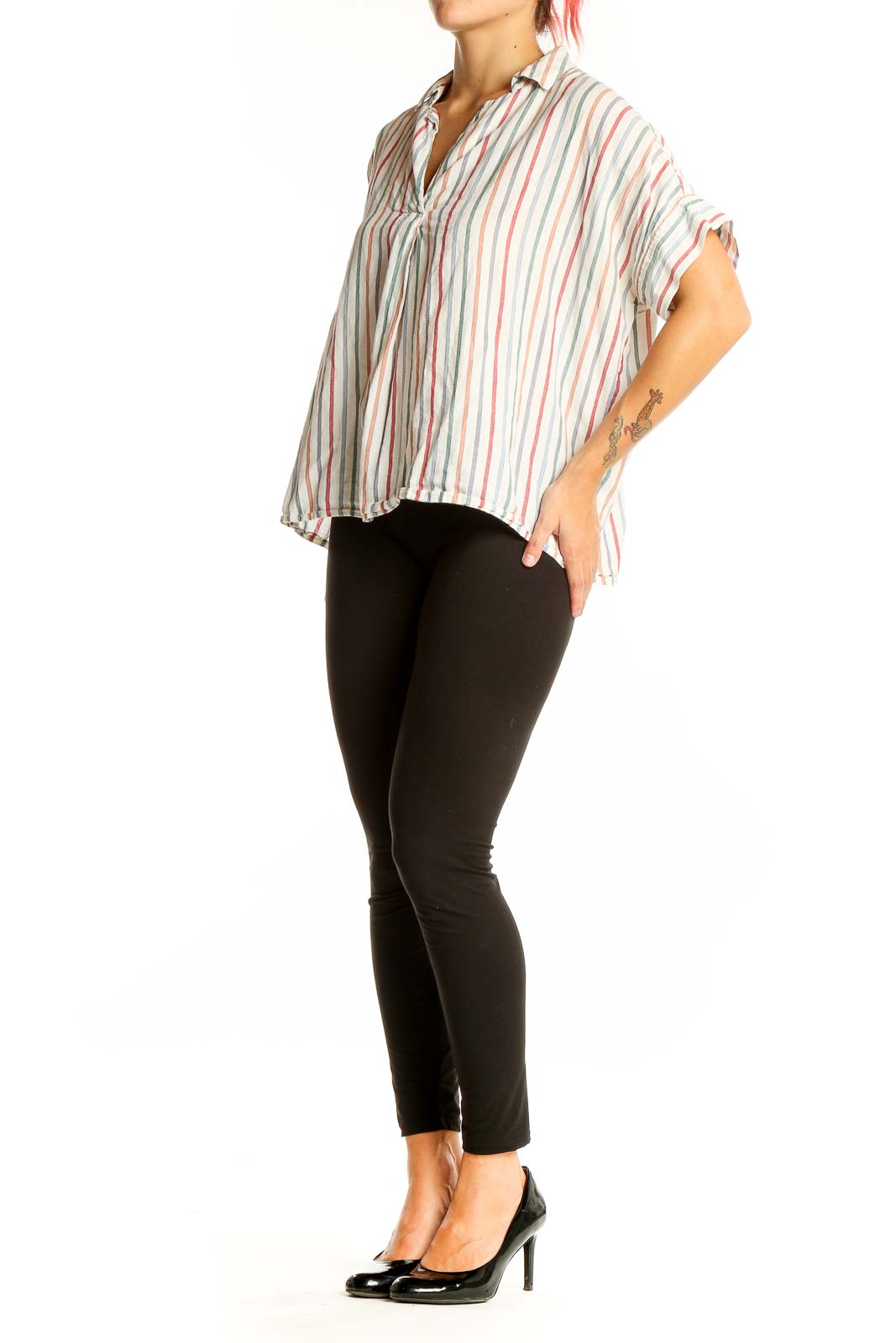 Front view of Madewell multicolor striped short-sleeve button-down shirt