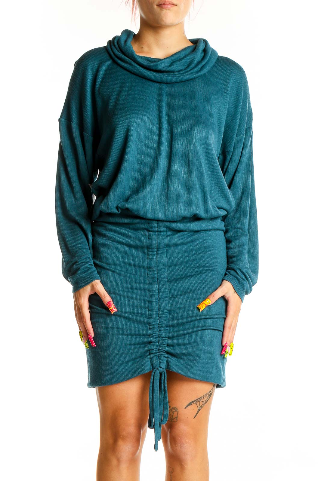 Front view of teal Free People mini dress with cowl neck and ruched skirt