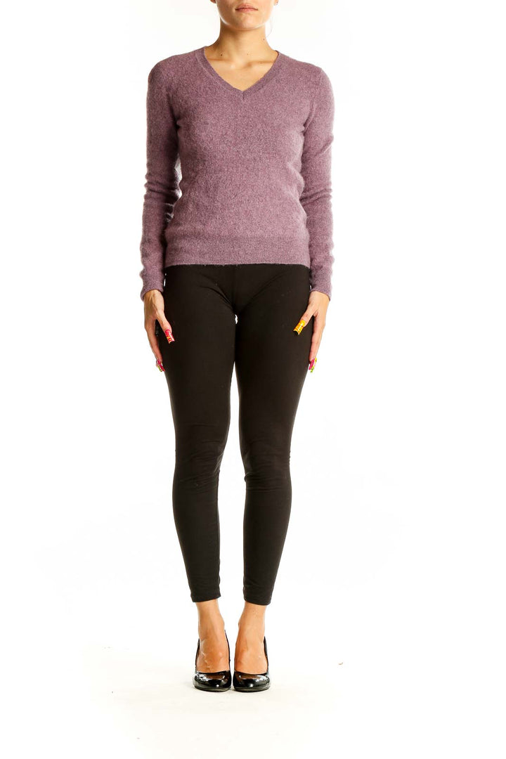 Front view of purple Tahari cashmere V-neck sweater on model