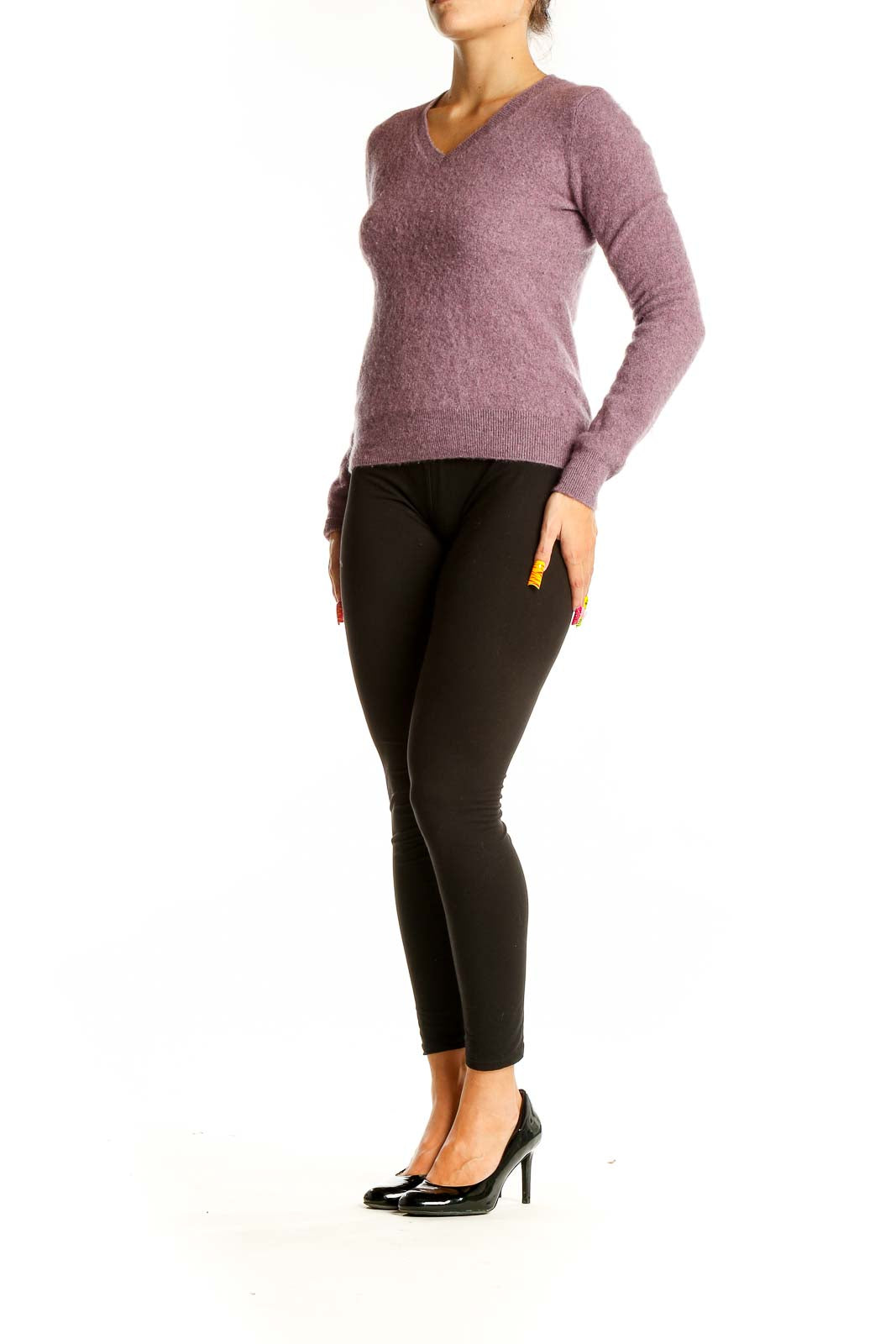 Front view of purple Tahari cashmere V-neck sweater on model