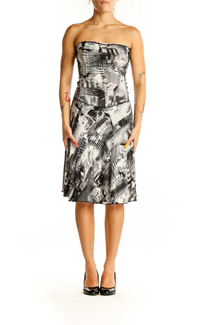 Front view of ANGELROX black and white abstract print strapless dress