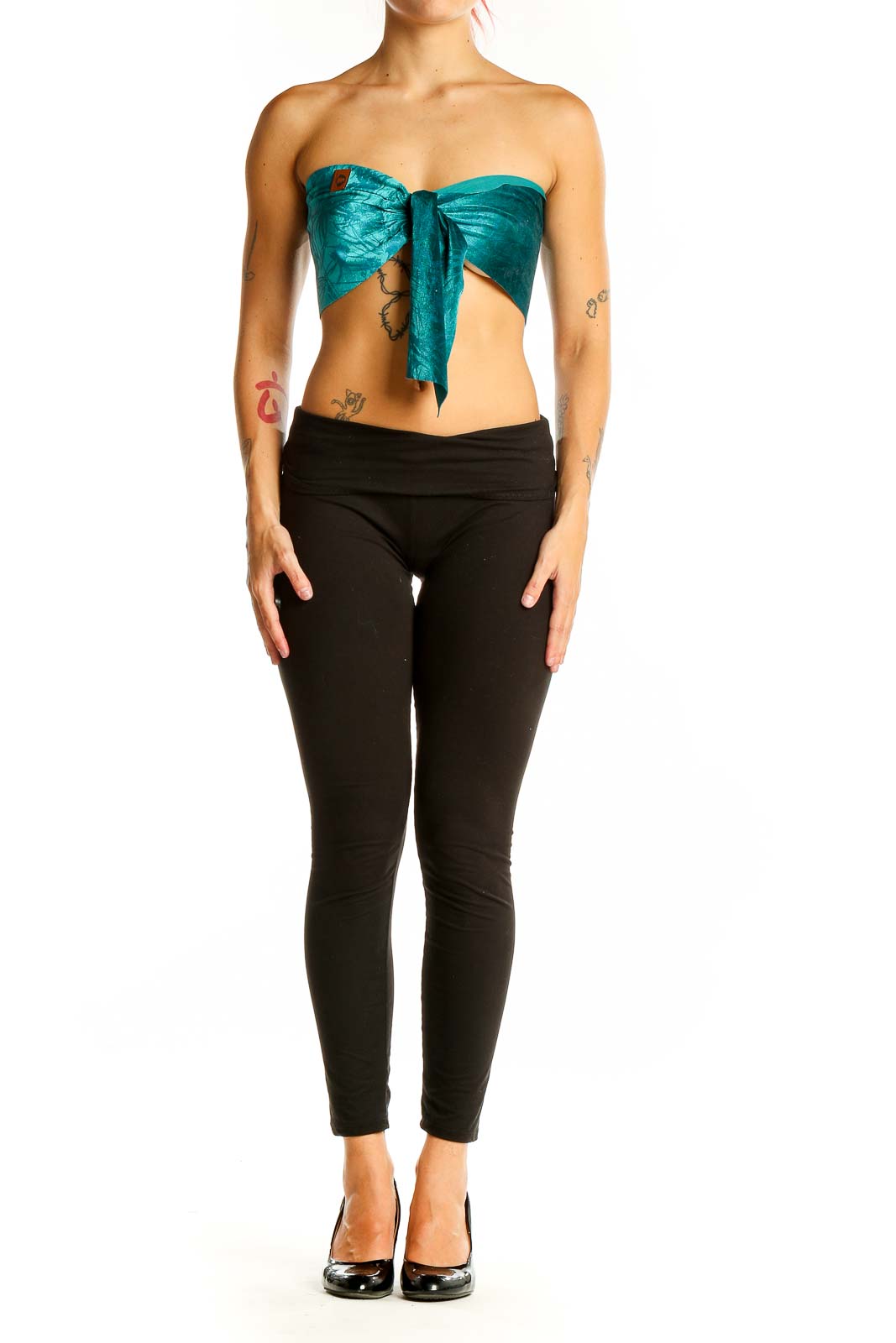 Front view of teal strapless tie-front crop top by SilkRoll