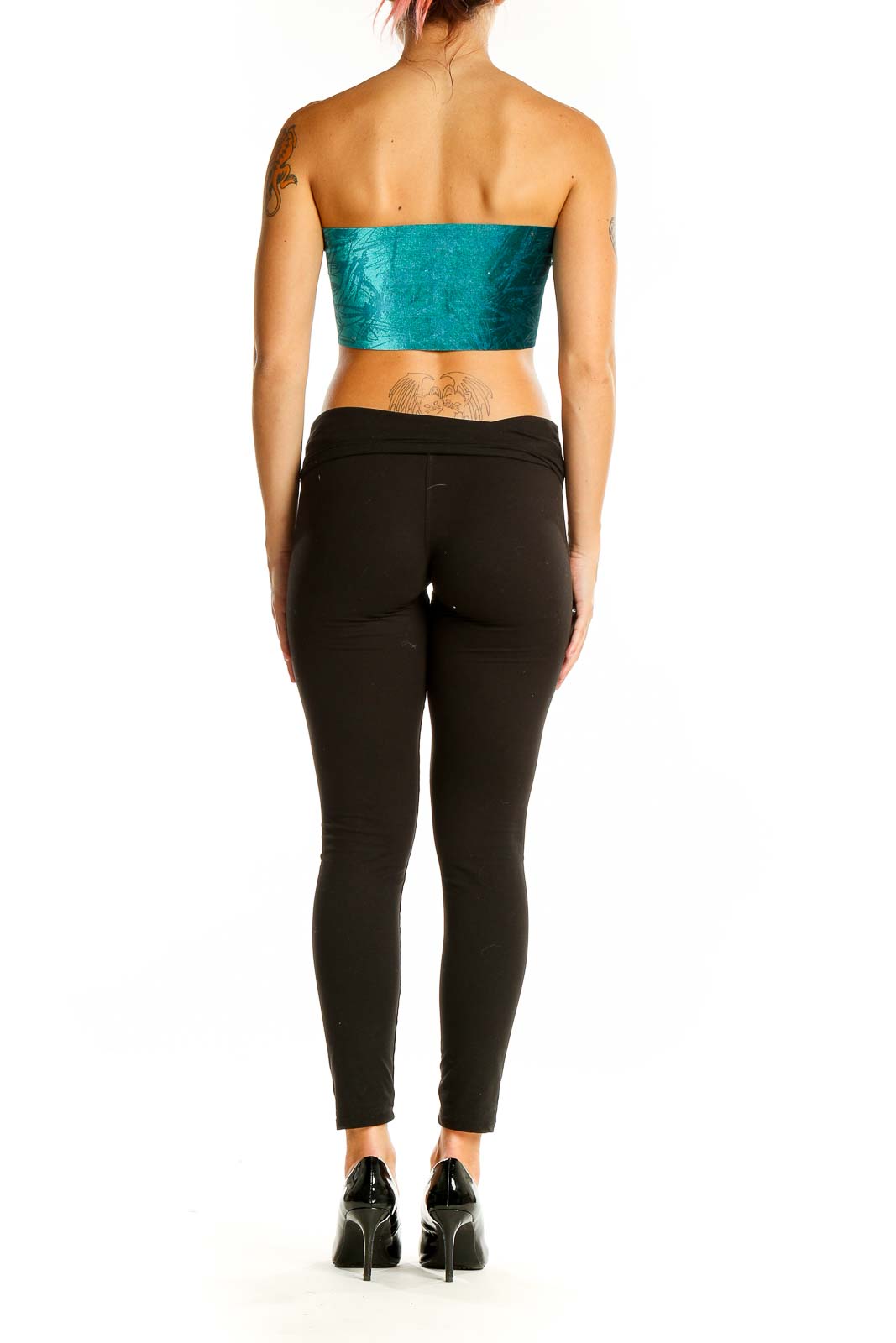 Back view of teal strapless crop top by SilkRoll