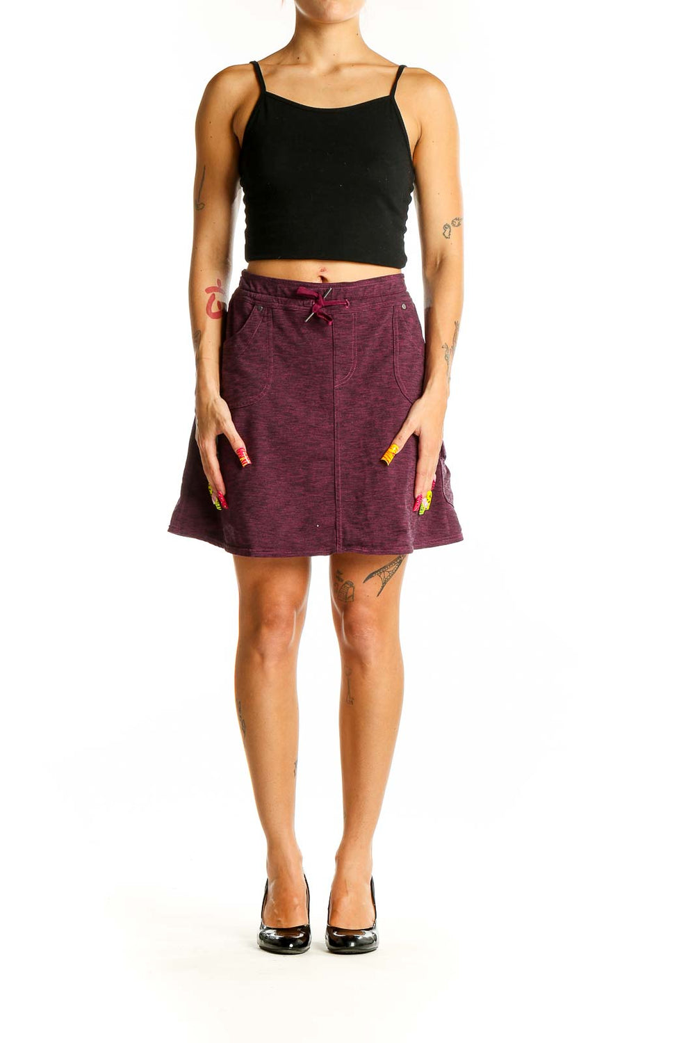 Front view of burgundy KUHL skirt with drawstring waist