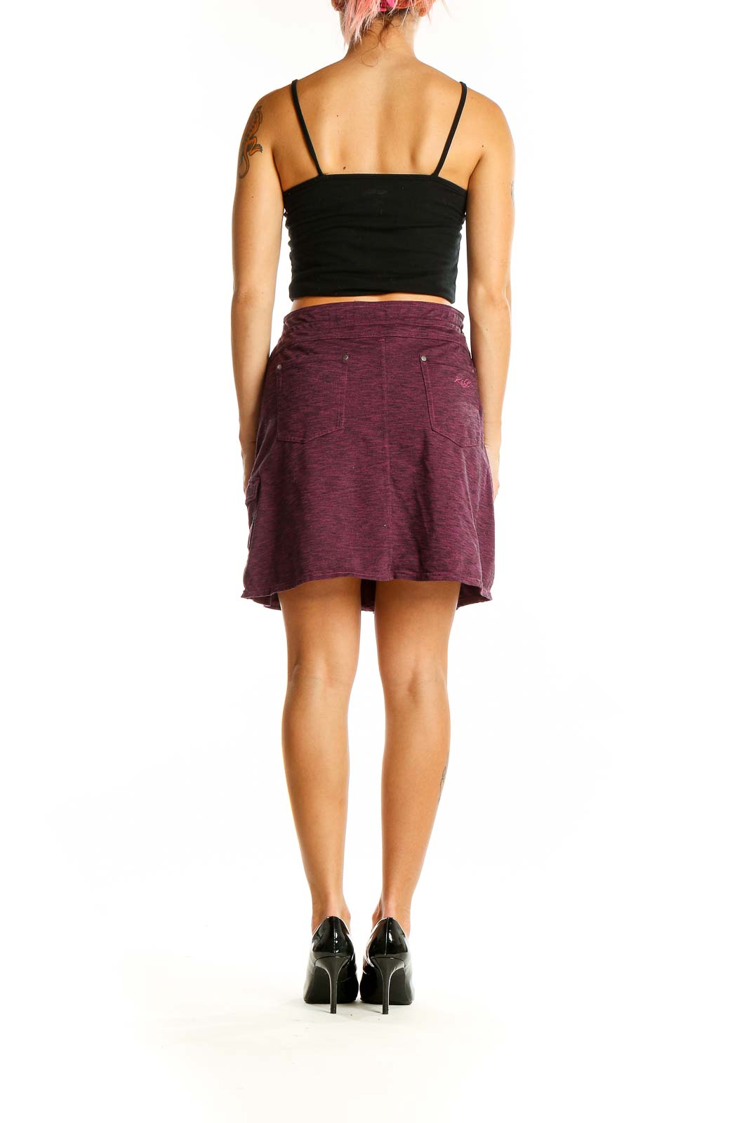 Back view of burgundy KUHL skirt showing A-line silhouette