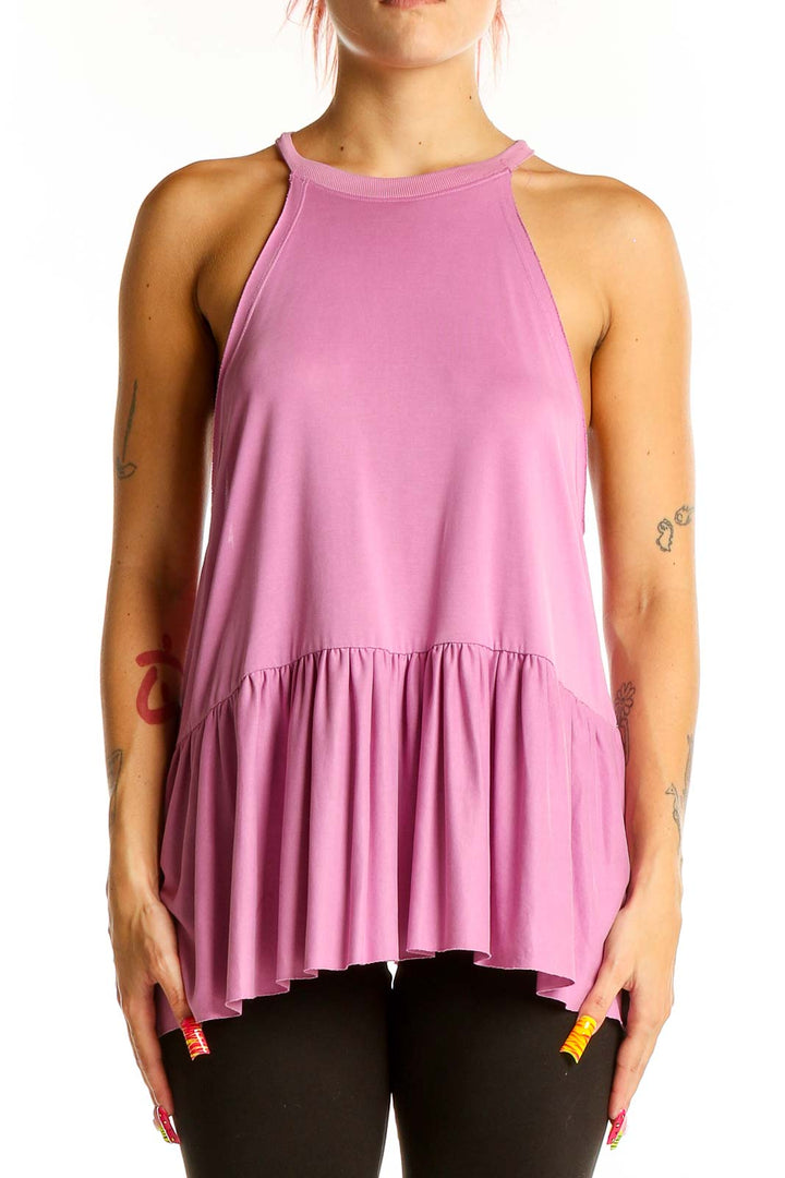 Front view of pink Kimchi Blue peplum tank top with high neckline