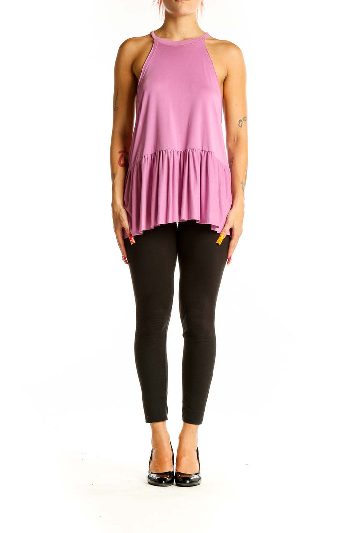 Front view of pink Kimchi Blue peplum tank top with high neckline