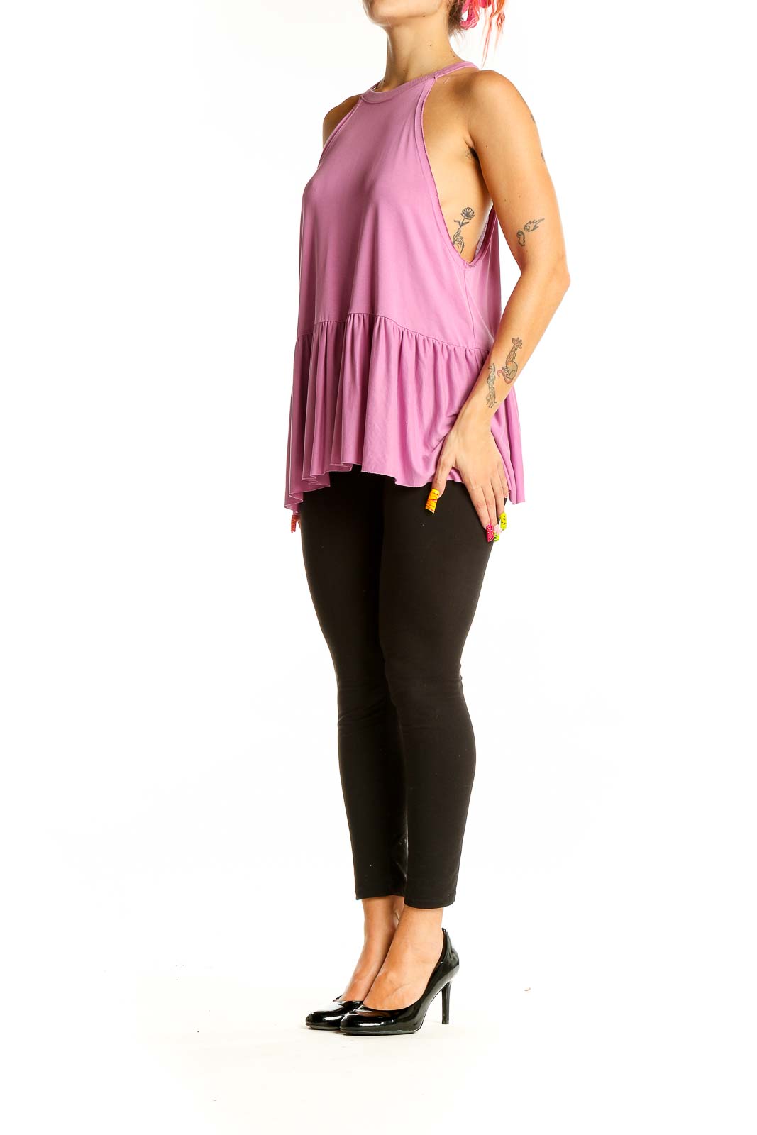 Front view of pink Kimchi Blue peplum tank top with high neckline