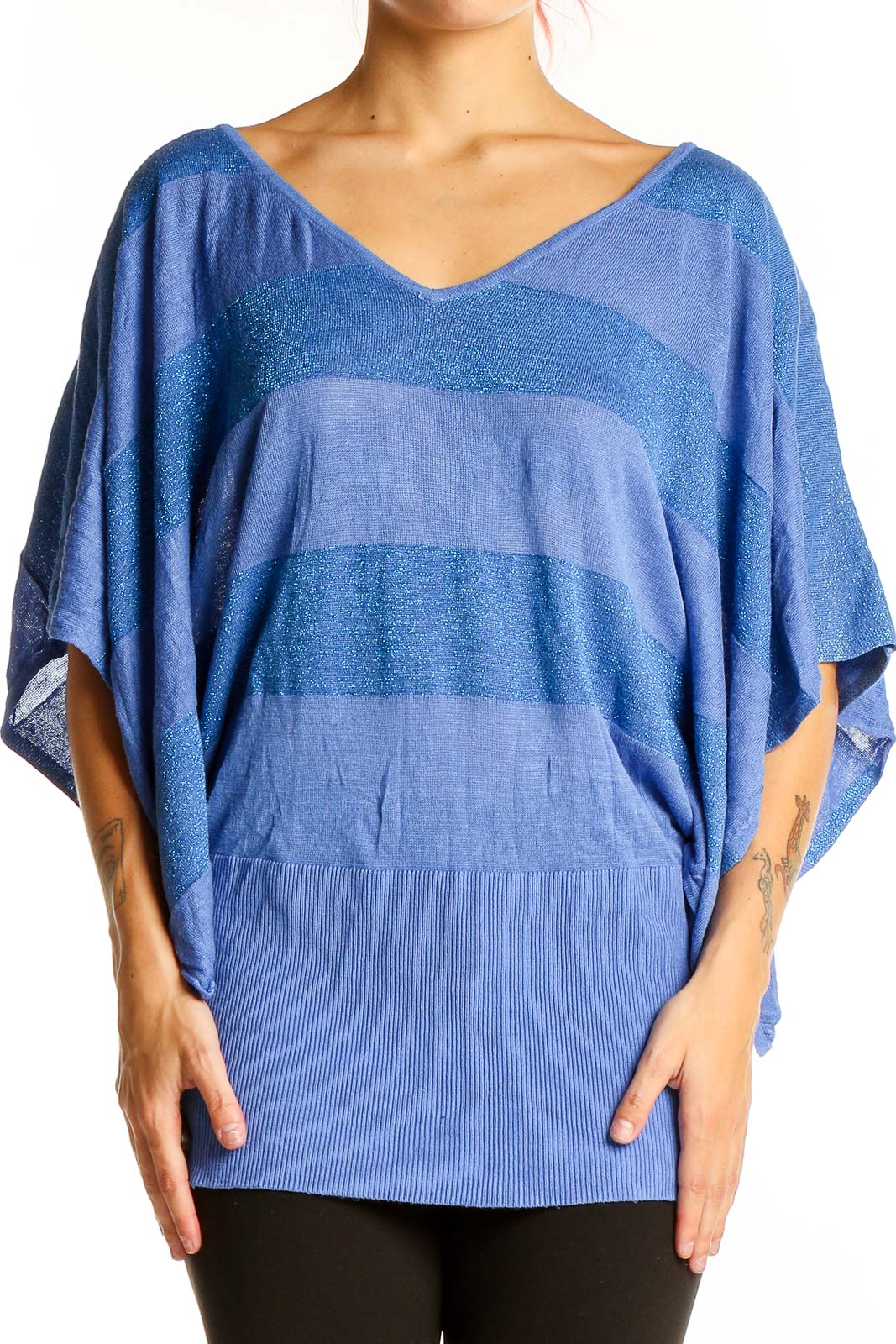 Front view of Nicole by Nicole Miller blue striped metallic knit top with batwing sleeves