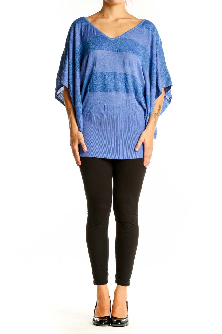 Front view of Nicole by Nicole Miller blue striped metallic knit top with batwing sleeves