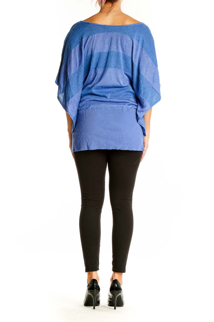 Back view of Nicole by Nicole Miller blue striped metallic knit top showing relaxed fit